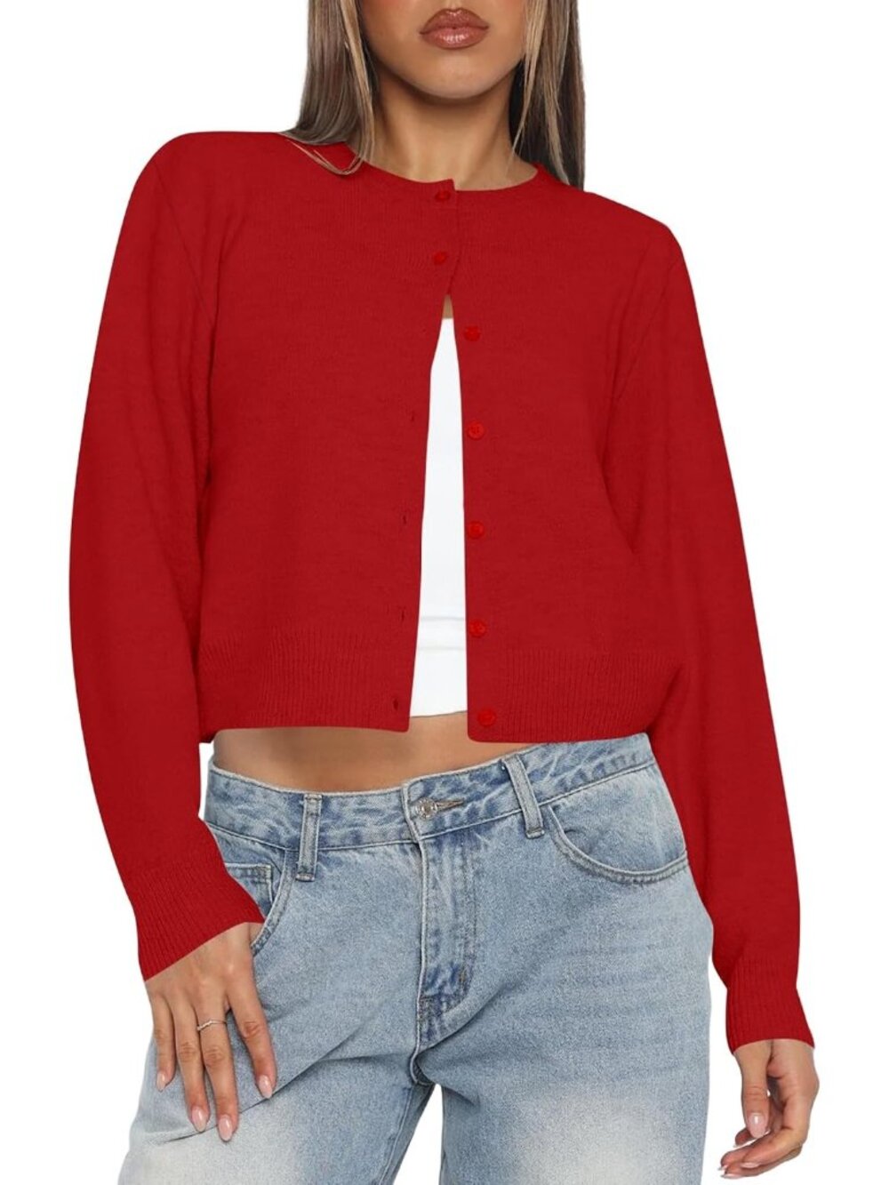 Women's Red Long Sleeve Button Up Cropped Imported Cardigan Sweaters